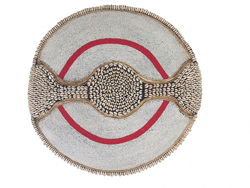 Large Beaded Shield - White With Red Ring and Cowrie shell Band and Trim